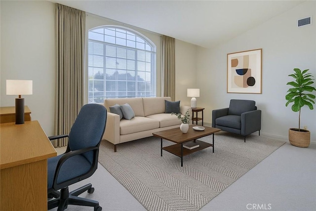 6721 Silver Oak Pl, Riverside, CA 92506 - home office featuring vaulted ceiling, visible vents, and carpet