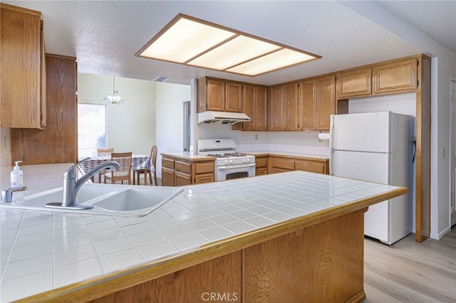 6721 Silver Oak Pl, Riverside, CA 92506 - kitchen featuring tile counters, a sink, white appliances, light wood-type flooring, and under cabinet range hood