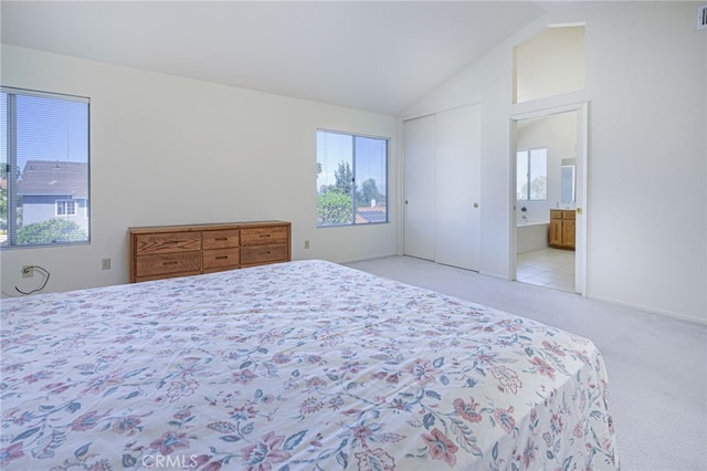 6721 Silver Oak Pl, Riverside, CA 92506 - carpeted bedroom featuring vaulted ceiling, visible vents, and connected bathroom