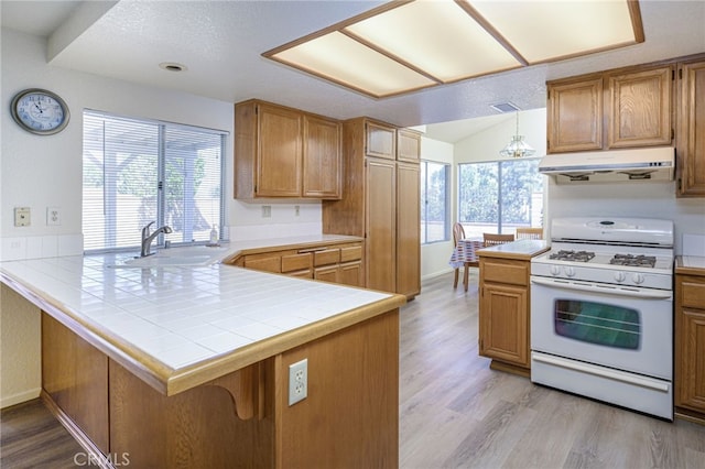6721 Silver Oak Pl, Riverside, CA 92506 - kitchen featuring a wealth of natural light, under cabinet range hood, white gas range, and a sink