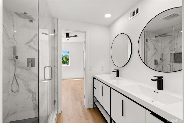 786 Carhart Ave, Fullerton, CA 92833 - full bathroom featuring a marble finish shower, double vanity, wood finished floors, and recessed lighting