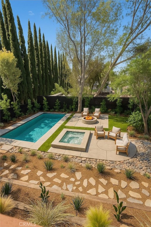 786 Carhart Ave, Fullerton, CA 92833 - view of swimming pool featuring a fire pit, a patio, a fenced backyard, and an in-ground hot tub