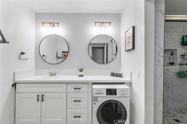 28691 Via Las Flores Unit 328, Murrieta, CA 92563 - bathroom with washer / dryer, a marble finish shower, and vanity