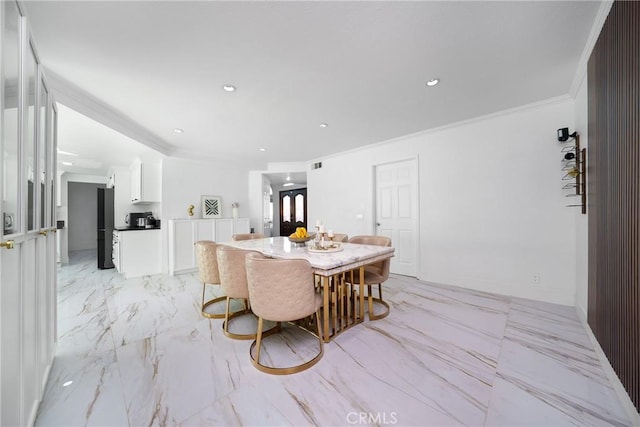 dining area featuring recessed lighting, visible vents, marble finish floor, and ornamental molding
