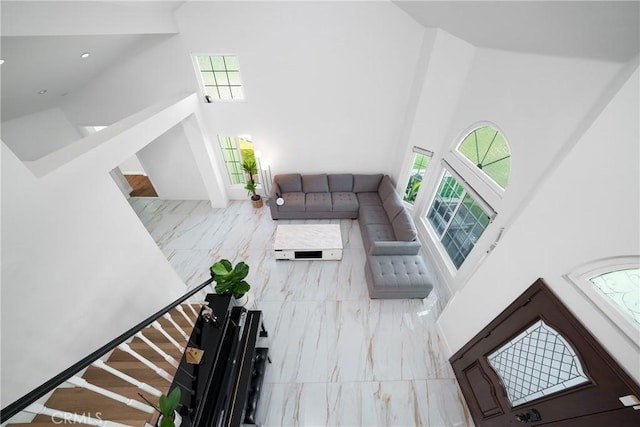 living room featuring a high ceiling