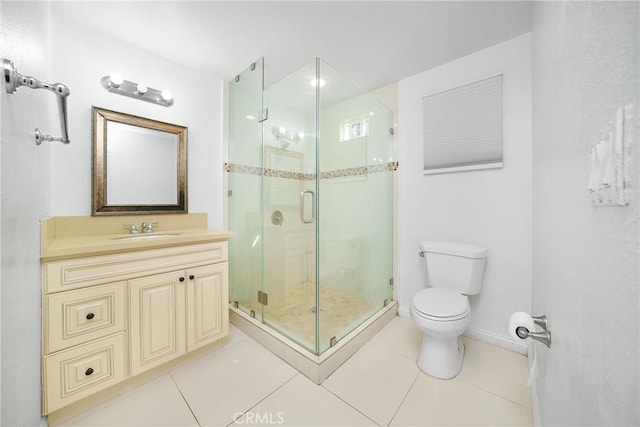 full bath featuring a shower stall, vanity, baseboards, toilet, and tile patterned flooring