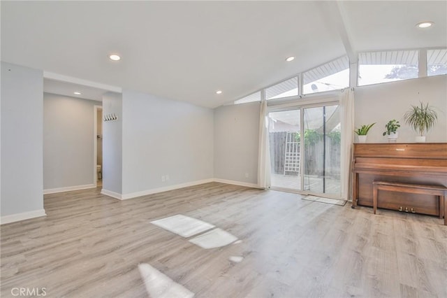 living room featuring recessed lighting, wood finished floors, vaulted ceiling with beams, and baseboards