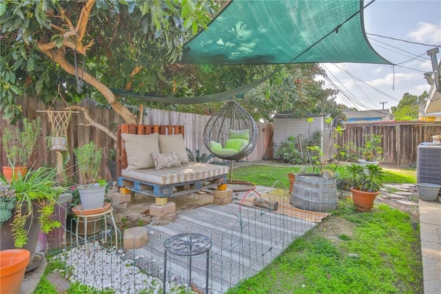 view of patio featuring a fenced backyard and central air condition unit