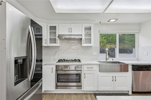 kitchen with white cabinets, stainless steel appliances, a sink, tasteful backsplash, and under cabinet range hood