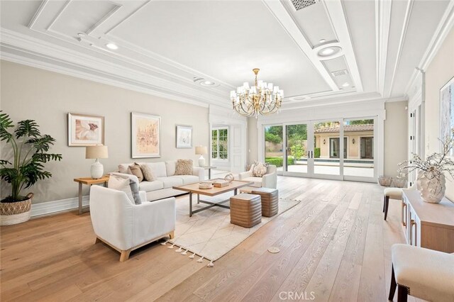 435 Walnut Ave, Arcadia, CA 91007 - living area featuring recessed lighting, ornamental molding, light wood-style flooring, a chandelier, and baseboards