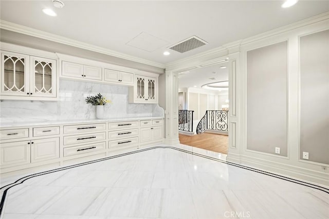435 Walnut Ave, Arcadia, CA 91007 - kitchen featuring ornamental molding, glass insert cabinets, tasteful backsplash, white cabinets, and recessed lighting