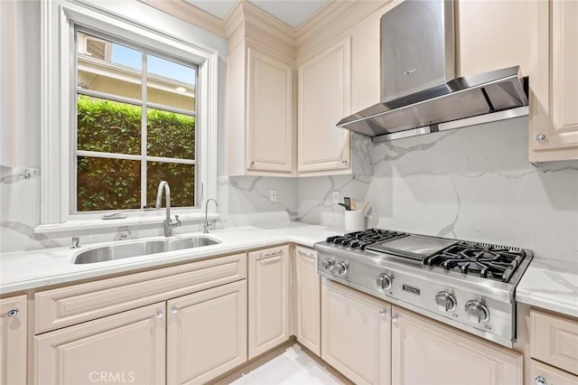 435 Walnut Ave, Arcadia, CA 91007 - kitchen with extractor fan, stainless steel gas stovetop, a sink, light countertops, and backsplash