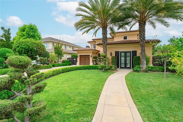 435 Walnut Ave, Arcadia, CA 91007 - mediterranean / spanish home with french doors, a garage, stucco siding, a tiled roof, and driveway