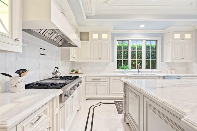 435 Walnut Ave, Arcadia, CA 91007 - kitchen featuring premium range hood, appliances with stainless steel finishes, inlaid floor details, a sink, and light stone counters