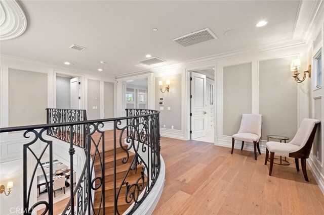 435 Walnut Ave, Arcadia, CA 91007 - corridor featuring an upstairs landing, ornamental molding, light wood finished floors, recessed lighting, and baseboards