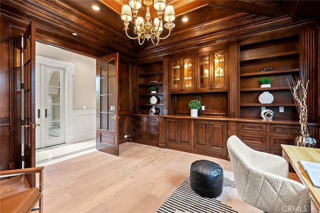 435 Walnut Ave, Arcadia, CA 91007 - bar featuring built in shelves, a chandelier, light wood finished floors, a decorative wall, and wooden ceiling