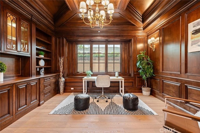 435 Walnut Ave, Arcadia, CA 91007 - office area featuring built in features, ornamental molding, wooden ceiling with exposed beams, wood walls, and coffered ceiling