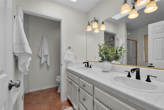 1727 Spreckels Ln, Redondo Beach, CA 90278 - bathroom featuring double vanity, a sink, tile patterned floors, and a shower stall