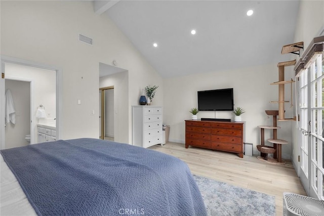 1727 Spreckels Ln, Redondo Beach, CA 90278 - bedroom featuring high vaulted ceiling, recessed lighting, wood finished floors, beamed ceiling, and visible vents