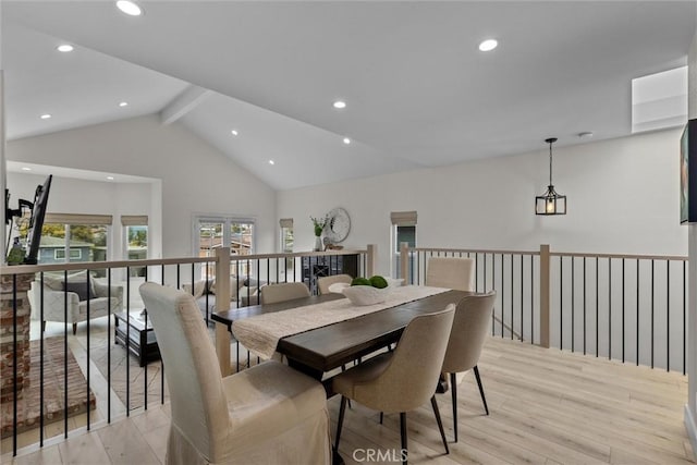1727 Spreckels Ln, Redondo Beach, CA 90278 - dining area with light wood-style floors, recessed lighting, beam ceiling, and high vaulted ceiling
