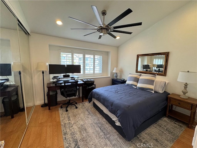 30902 Clubhouse Dr Unit 11J, Laguna Niguel, CA 92677 - bedroom with ceiling fan, lofted ceiling, wood finished floors, and recessed lighting