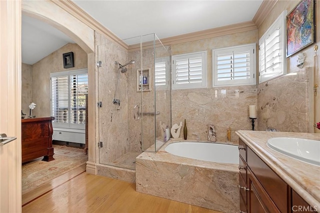 5 Monaco, Dana Point, CA 92629 - full bathroom with vanity, a garden tub, a stall shower, wood finished floors, and crown molding