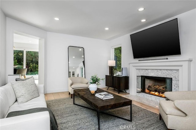 living room featuring a premium fireplace, wood finished floors, and recessed lighting