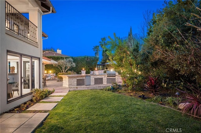 view of yard featuring a patio, a balcony, and exterior kitchen