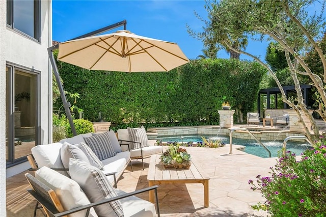 outdoor pool featuring a jacuzzi, a gazebo, an outdoor living space, and a patio area