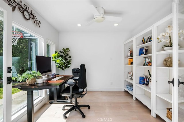 home office with baseboards, a ceiling fan, wood finished floors, and recessed lighting