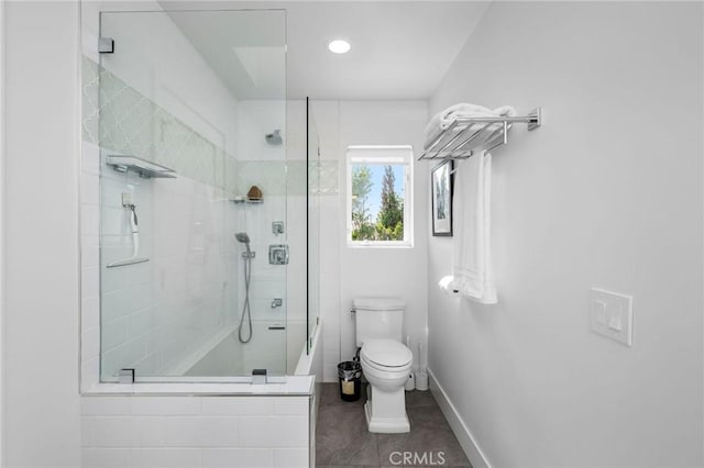 full bathroom with toilet, tile patterned flooring, and recessed lighting