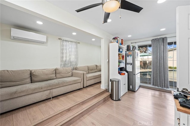 4045 N Walnuthaven Dr, Covina, CA 91722 - living room featuring recessed lighting, a wall mounted AC, light wood-style flooring, and ceiling fan