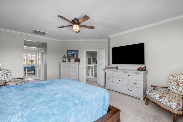 bedroom featuring ornamental molding, visible vents, ceiling fan, and light carpet