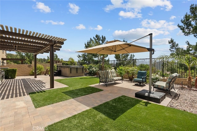 view of patio / terrace with a pergola, an outdoor living space, a fenced backyard, and a hot tub