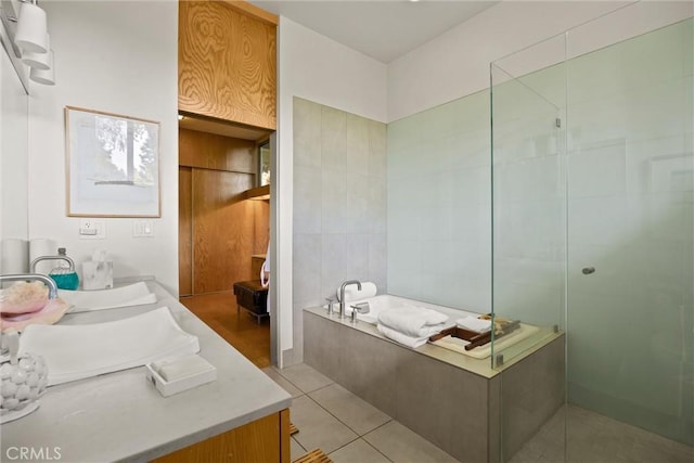 799 Hillview Way, Chico, CA 95926 - full bath with double vanity, a garden tub, tiled shower, and tile patterned floors