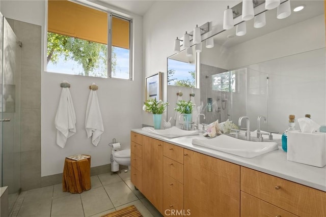 799 Hillview Way, Chico, CA 95926 - full bathroom featuring vanity, a stall shower, toilet, and tile patterned flooring