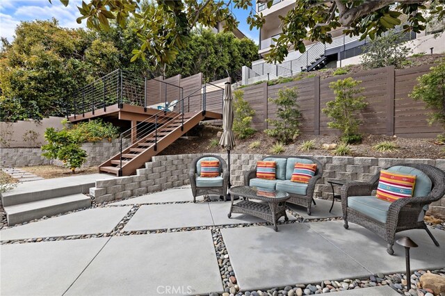 522 High Dr, Laguna Beach, CA 92651 - view of patio / terrace featuring stairs, a fenced backyard, and a wooden deck