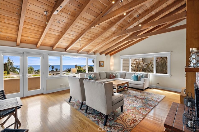 522 High Dr, Laguna Beach, CA 92651 - living room featuring wood ceiling, light wood-type flooring, baseboards, and french doors