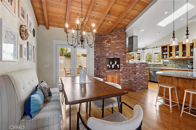 522 High Dr, Laguna Beach, CA 92651 - dining area with wooden ceiling, light wood-style floors, a chandelier, and french doors