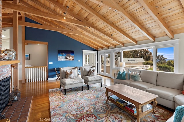 522 High Dr, Laguna Beach, CA 92651 - living area with wooden ceiling, beamed ceiling, wood finished floors, a fireplace, and high vaulted ceiling