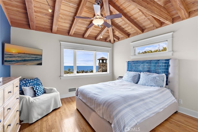 522 High Dr, Laguna Beach, CA 92651 - bedroom with wooden ceiling, light wood-style flooring, baseboards, and a ceiling fan