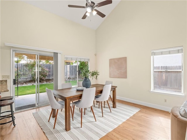 1523 E Pryor Dr, Fresno, CA 93720 - dining room with baseboards, high vaulted ceiling, light wood-style floors, and ceiling fan