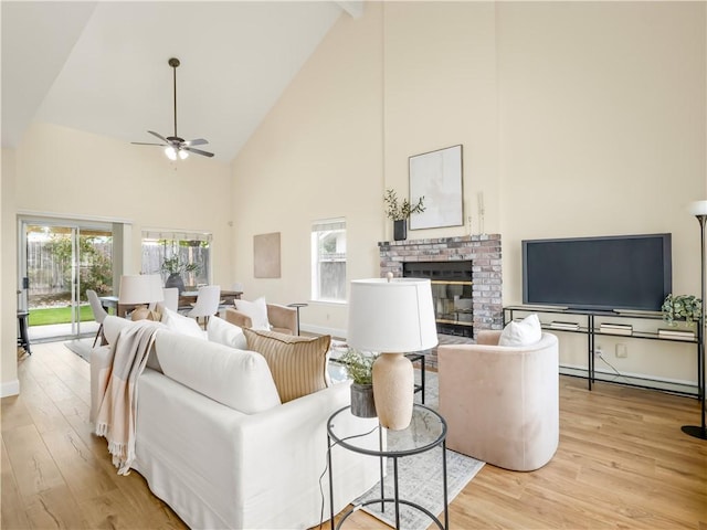 1523 E Pryor Dr, Fresno, CA 93720 - living room with a brick fireplace, wood finished floors, high vaulted ceiling, and ceiling fan