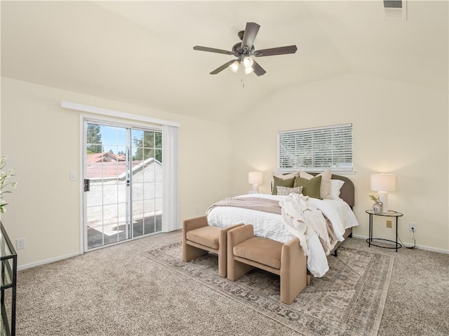 1523 E Pryor Dr, Fresno, CA 93720 - bedroom with carpet flooring, baseboards, visible vents, lofted ceiling, and access to outside