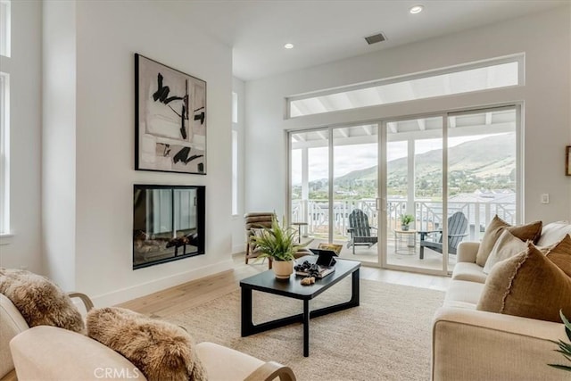 living area featuring a glass covered fireplace, plenty of natural light, a mountain view, and wood finished floors