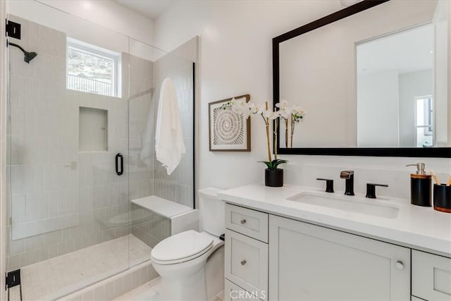 full bathroom featuring toilet, a shower stall, and vanity