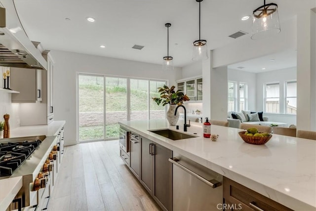 kitchen featuring exhaust hood, a sink, a healthy amount of sunlight, stainless steel dishwasher, and visible vents