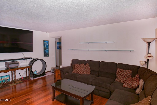 living area featuring a textured ceiling and wood finished floors