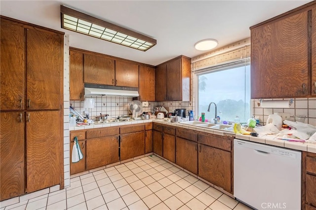 kitchen with under cabinet range hood, tasteful backsplash, a sink, and white appliances