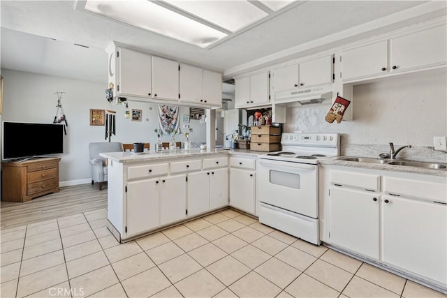 11485 Crafton, Mentone, CA 92359 - kitchen featuring white electric range, under cabinet range hood, a peninsula, a sink, and light countertops